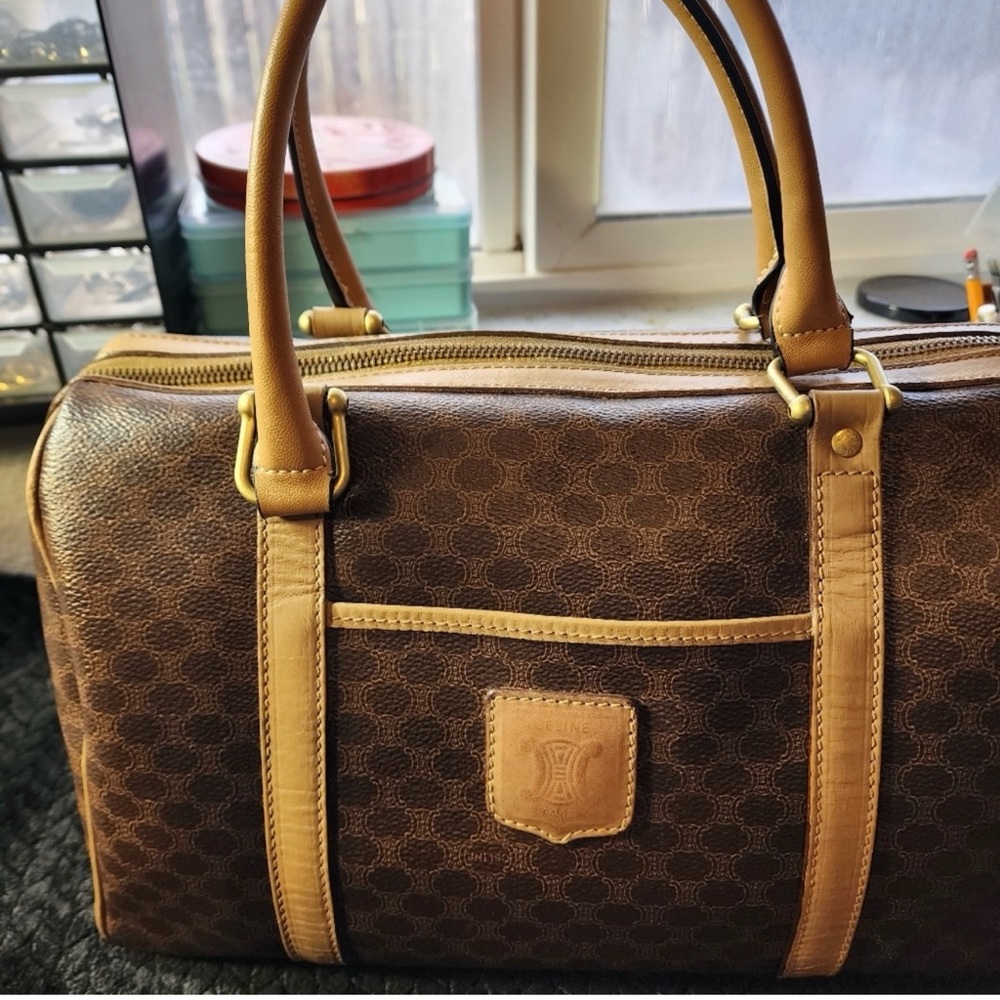 Celine Macadam Boston Bag PVC Coated Canvas Leather Authentic.
